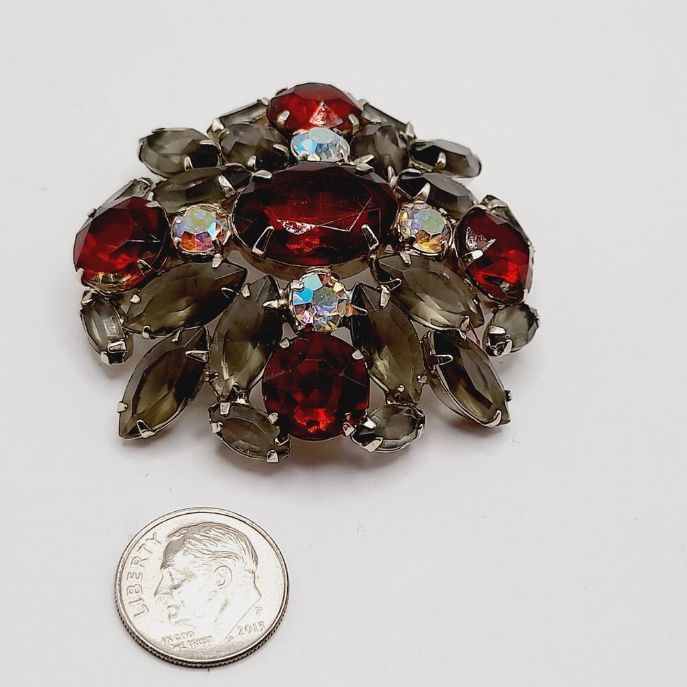 Vintage Rhinestone Brooch, Red Aurora Borealis Pin, Smoky Gray Navettes, 1960s - Picture 7 of 8